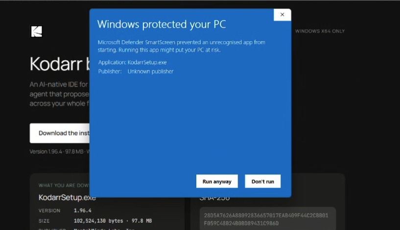 Expanded SmartScreen dialog showing “Unknown publisher” and a Run anyway button